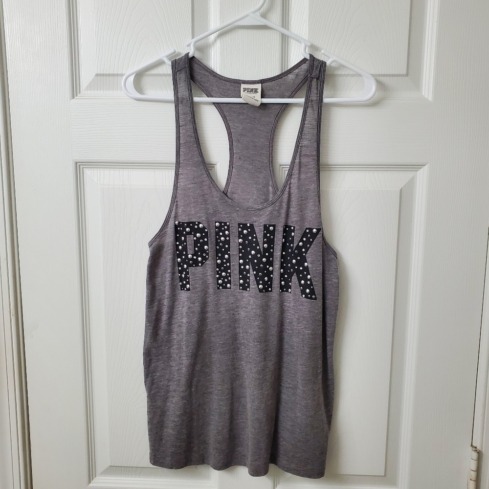 PINK Victoria's Secret Charcoal Grey Racerback Tank Top With Embellishment, XS